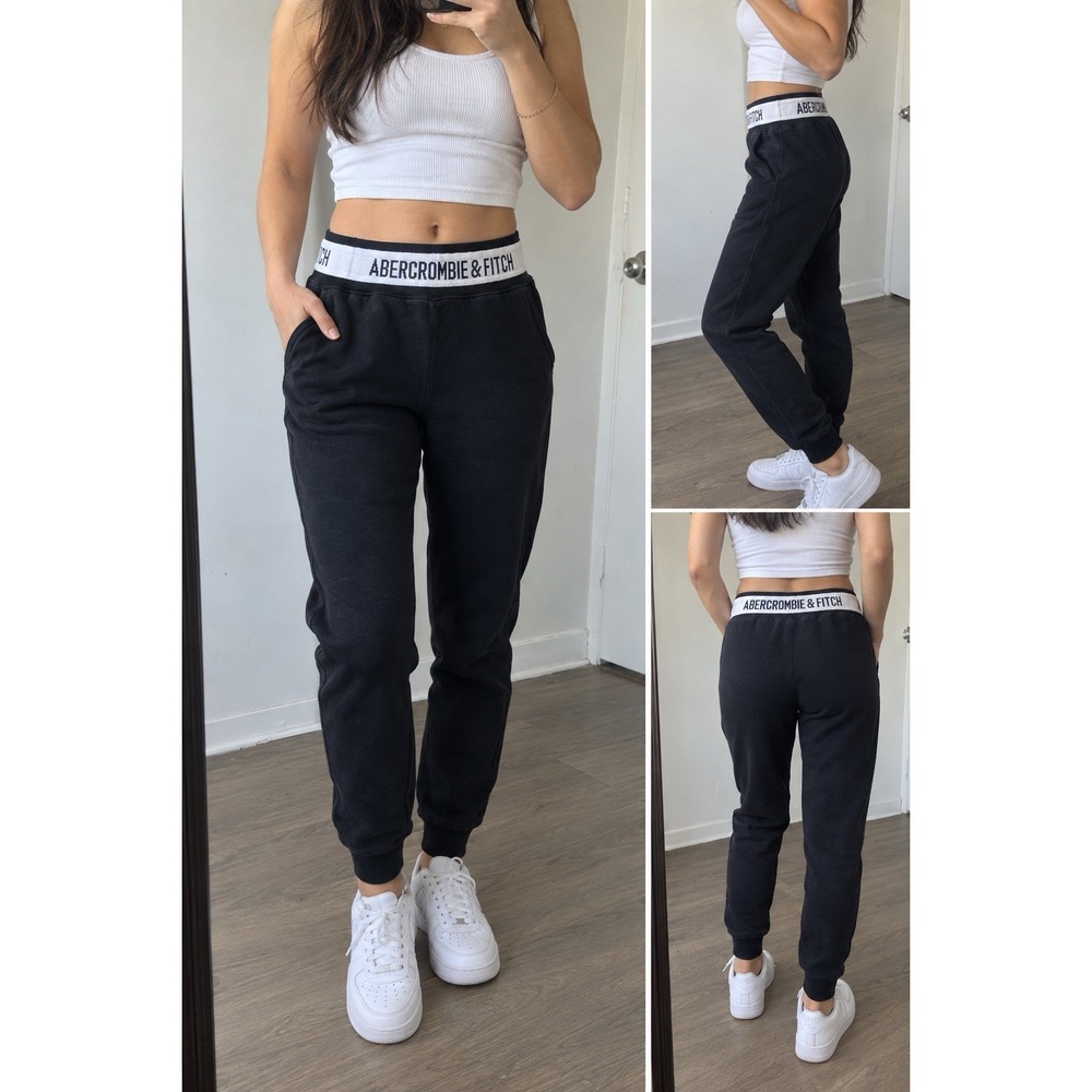 Abercrombie & Fitch A&F Fleece Black Jogger Sweatpants Logo Waistband XS